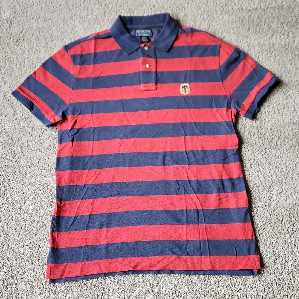 Vintage Polo Jeans Co Ralph Lauren Mens Red & Navy Blue Striped Shirt, Medium